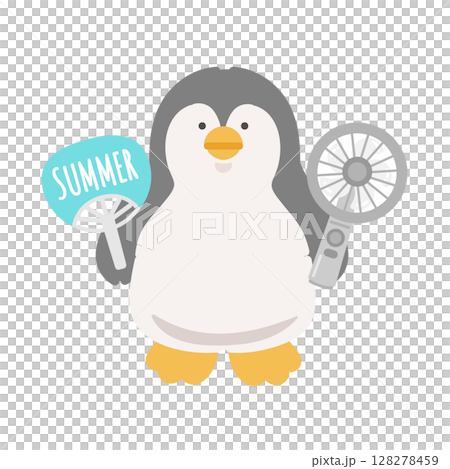 Penguin holding a handy fan and a fan Heat stroke prevention illustration 128278459