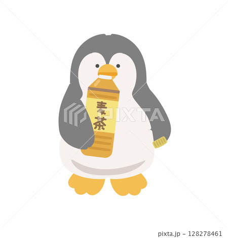 ペットボトルの麦茶を飲むペンギン　熱中症対策　イラスト 128278461