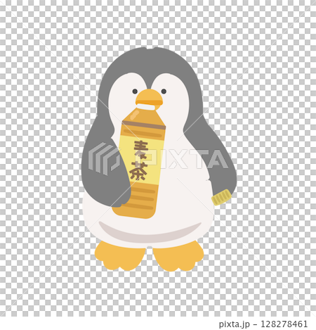 ペットボトルの麦茶を飲むペンギン　熱中症対策　イラスト 128278461