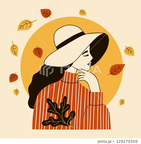 Autumn woman wearing profile hat with Autumn Leaves. Female Autumnal Portrait. Minimalist hand drawing. Vector illustration Autumn woman wearing profile hat with Autumn Leaves. Female Autumnal Portrait. Minimalist hand drawing. Vector illustration 128278508