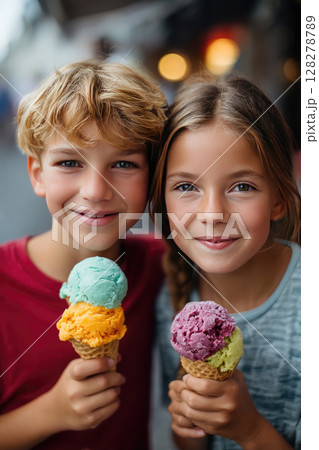 melting ice cream cones held by smiling children outdoors, hot summer day, candid moment, colorful scoops 128278789