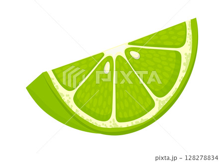 Freshly cut lime wedge, showcasing its vibrant green color, juicy texture, and the segmented flesh of the citrus fruit, ideal for adding a zesty touch to beverages and culinary creations 128278834