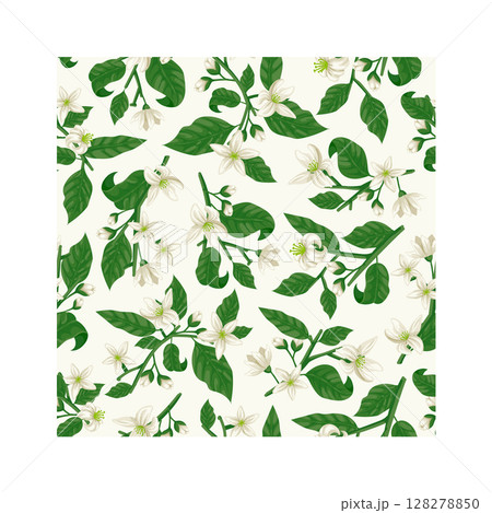 Seamless pattern featuring orange tree branches adorned with white flowers and green leaves on a light yellow background, offering a fresh and vibrant design for various applications 128278850
