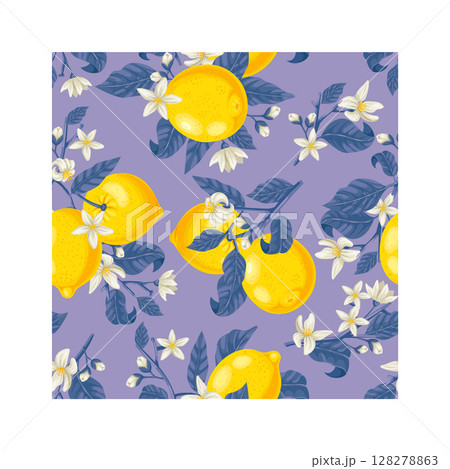 Seamless pattern with lemons, leaves and flowers growing on a branch on purple background is suitable for packaging design, fabric printing, wallpaper and other surfaces 128278863