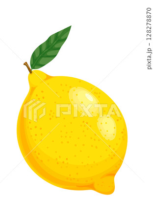Freshly picked lemon with a single leaf attached, showcasing its vibrant yellow color and textured skin, perfect for adding a burst of flavor and freshness 128278870