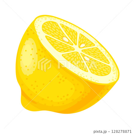 Freshly cut lemon displaying its juicy segments and vibrant yellow peel, isolated against a clean white background, exuding a refreshing burst of tart citrus flavor and aroma Freshly cut lemon displaying its juicy segments and vibrant yellow peel, isolated against a clean white background, exuding a refreshing burst of tart citrus flavor and aroma 128278871