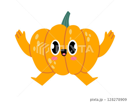 Cartoon cheerful pumpkin character running, waving with hands and smiling, funny autumn vegetable personage isolated on white background for Halloween or Thanksgiving design 128278909