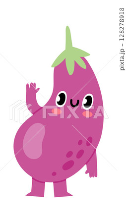 Cartoon eggplant character waving with arms and legs, smiling happily, with big eyes and rosy cheeks, isolated on white background, promoting healthy eating and vegetarian lifestyle 128278918