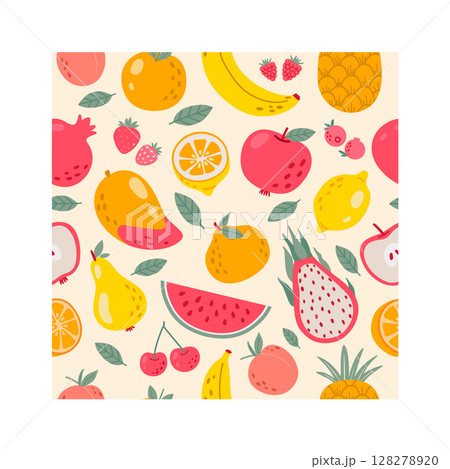 Seamless pattern featuring various colorful summer fruits like watermelon, pineapple, banana, and berries, creating a vibrant and refreshing design ideal for summer themed projects 128278920