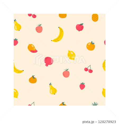 Colorful summer fruits like bananas, pears, apples, strawberries, cherries, pomegranates, mangoes lemons, oranges and pineapples creating a vibrant, cheerful pattern 128278923