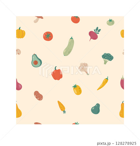 Seamless pattern with colorful vegetables floating on a beige background, ideal for vegan and vegetarian restaurants, healthy food stores, organic markets and farmers markets 128278925