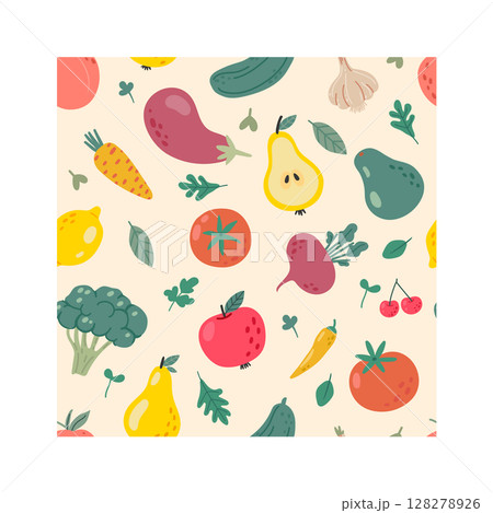 Colorful fruits and vegetables create a seamless pattern, promoting healthy eating habits and celebrating the vibrancy of fresh produce on a light yellow background Colorful fruits and vegetables create a seamless pattern, promoting healthy eating habits and celebrating the vibrancy of fresh produce on a light yellow background 128278926