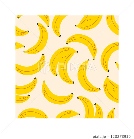 Seamless pattern with ripe yellow bananas rotating on a light yellow background, simple design, vector illustration for wrapping paper, textile, background 128278930