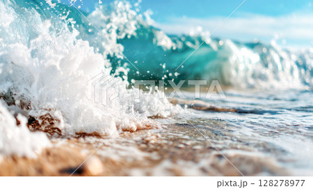 Ocean waves crashing onto sandy beach, creating splashes and foam, under a bright blue sky with soft clouds, capturing the beauty of nature 128278977