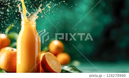 Fresh orange juice splashes from a glass bottle surrounded by vibrant oranges and green leaves, showcasing a refreshing beverage scene 128278980