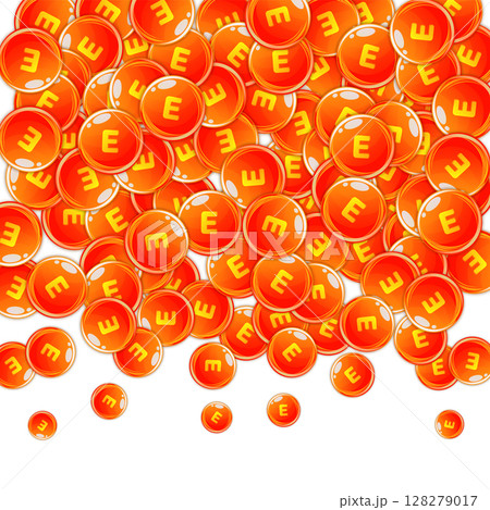 Vitamin E round capsules scattered randomly. Beauty treatment and nutrition skin care. Essential vitamins vector illustration. Wellness concept. 128279017