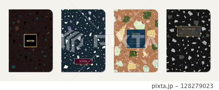 Notepad cover design. Terrazzo abstract background made of natural stones, granite, quartz and marble. Venetian terrazzo texture notepad cover template. Notepad cover design. Terrazzo abstract background made of natural stones, granite, quartz and marble. Venetian terrazzo texture notepad cover template. 128279023