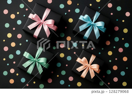 Black Gift Boxes with Pastel Ribbons and Confetti on Dark Background 128279068