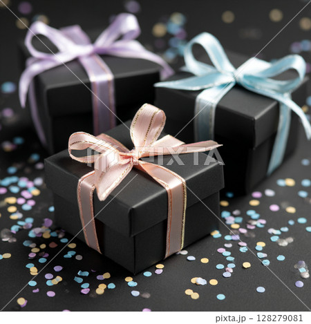 Black Gift Boxes with Pastel Ribbons and Confetti on Dark Background Black Gift Boxes with Pastel Ribbons and Confetti on Dark Background 128279081