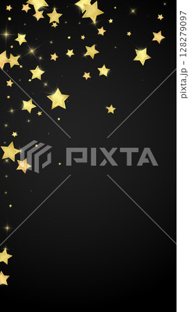 Magic stars vector overlay. Gold stars scattered around randomly, falling down, floating. Chaotic dreamy childish overlay template. Miraculous starry night vector on black background. 128279097