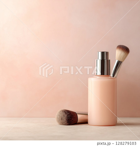 Cosmetic Bottle and Makeup Brush on Soft Toned Background Skincare and Beauty Concept Cosmetic Bottle and Makeup Brush on Soft Toned Background Skincare and Beauty Concept 128279103