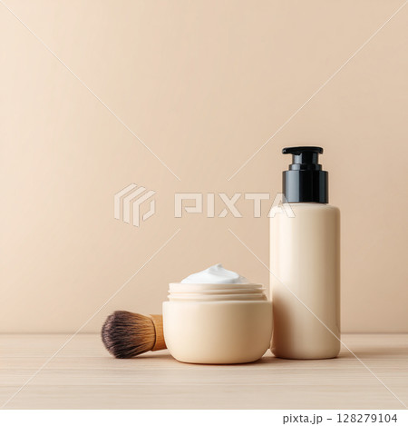 Cosmetic Bottle and Makeup Brush on Soft Toned Background Skincare and Beauty Concept Cosmetic Bottle and Makeup Brush on Soft Toned Background Skincare and Beauty Concept 128279104