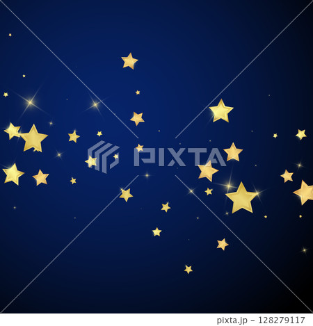 Magic stars vector overlay. Gold stars scattered around randomly, falling down, floating. Chaotic dreamy childish overlay template. Enchanting vector with magic stars on dark blue background. 128279117