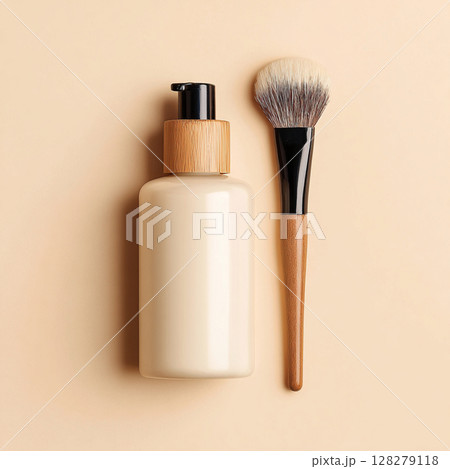Cosmetic Bottle and Makeup Brush on Soft Toned Background  Skincare and Beauty Concept 128279118