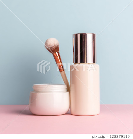 Cosmetic Bottle and Makeup Brush on Soft Toned Background  Skincare and Beauty Concept 128279119
