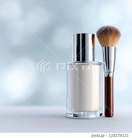 Cosmetic Bottle and Makeup Brush on Soft Toned Background Skincare and Beauty Concept Cosmetic Bottle and Makeup Brush on Soft Toned Background Skincare and Beauty Concept 128279121