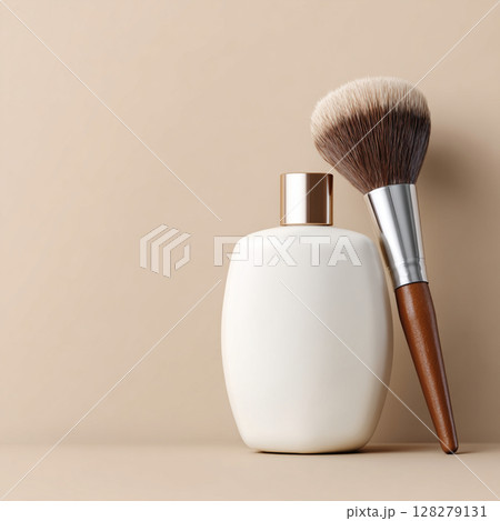 Cosmetic Bottle and Makeup Brush on Soft Toned Background  Skincare and Beauty Concept 128279131