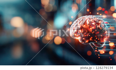 Digital brain illustration with glowing circuits and abstract light trails, representing artificial intelligence and advanced technology concepts 128279134