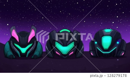 Three Cute Space Helmets with Stars and Purple Background, Cartoonish 128279178
