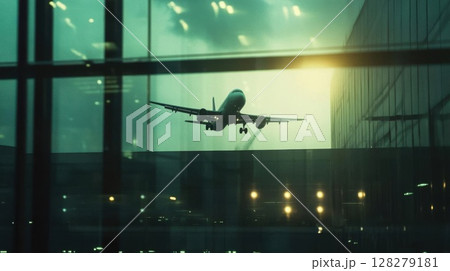 Airplane Takes Off Through the City Glass Wall During Sunrise Travel Theme 128279181