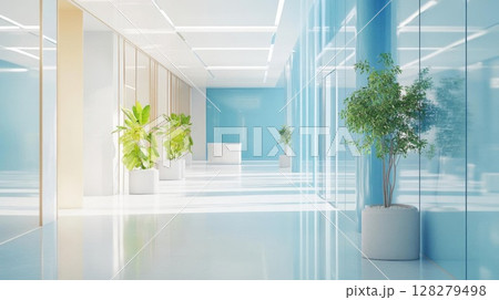 Explore Fresh Ambience Of Hallway, Clean Interior Space With Natural Light And Plants 128279498