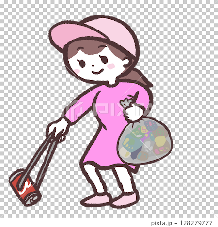 ゴミ拾いをする女性のイラスト ゴミ拾いをする女性のイラスト 128279777