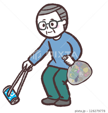 ゴミ拾いをするシニア男性のイラスト ゴミ拾いをするシニア男性のイラスト 128279778