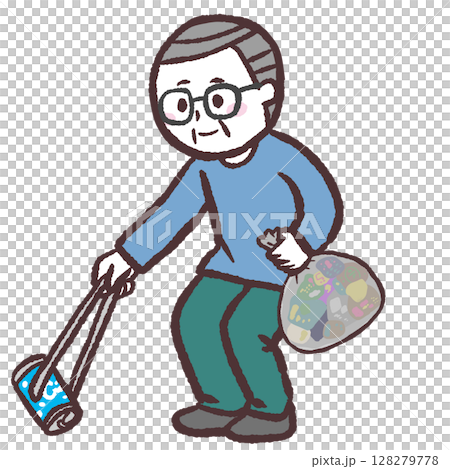 ゴミ拾いをするシニア男性のイラスト ゴミ拾いをするシニア男性のイラスト 128279778