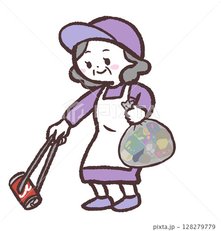 ゴミ拾いをするシニア女性のイラスト ゴミ拾いをするシニア女性のイラスト 128279779