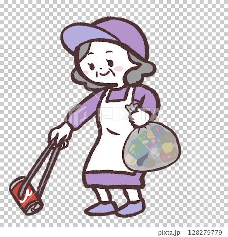 Illustration of a senior woman picking up trash Illustration of a senior woman picking up trash 128279779