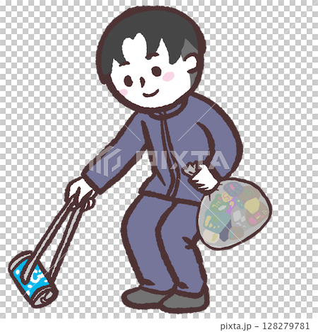 ゴミ拾いをする男子学生のイラスト 128279781