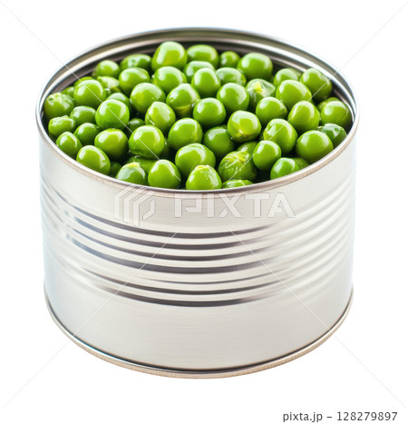 Open tin can filled with green peas transparent PNG clipart isolated on white background. 128279897