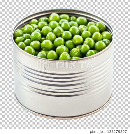 Open tin can filled with green peas transparent PNG clipart isolated on white background. 128279897