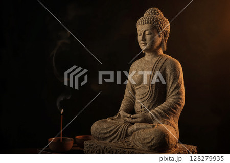 A serene stone Buddha statue in meditation with burning incense and small bowls in a softly lit, dark setting. 128279935