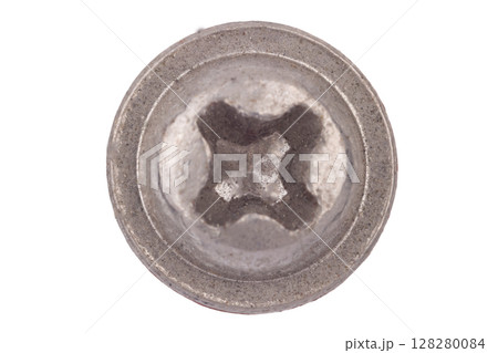 Worn Silver Screw Head Macro View Worn Silver Screw Head Macro View 128280084
