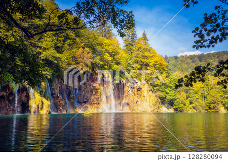 waterfall with turquoise water waterfall with turquoise water 128280094