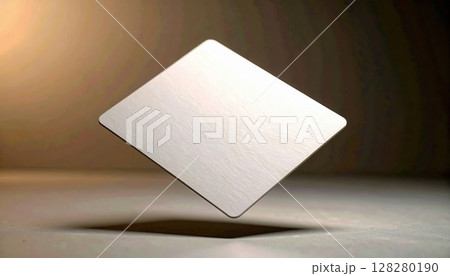Abstract white textured square object floating in mid-air with soft shadow and dark gradient background for modern minimalistic design 128280190