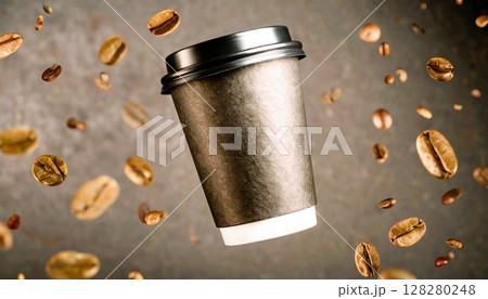 Coffee cup surrounded by floating coffee beans with dynamic motion effect on textured background for cafe, breakfast, or beverage concept 128280248