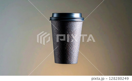 Close-up of a black textured disposable coffee cup with lid on beige background, takeout beverage container with plastic lid for hot drinks, reusable paper cup 128280249