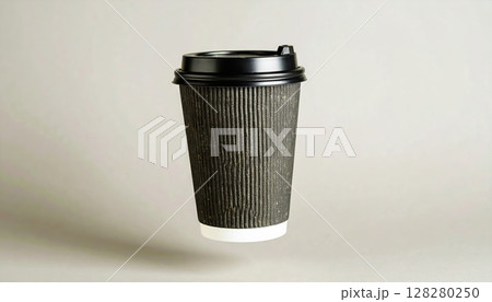 Disposable coffee cup with a black lid and textured grey ridged sleeve on a plain neutral background perfect for coffee shop and beverage themes 128280250